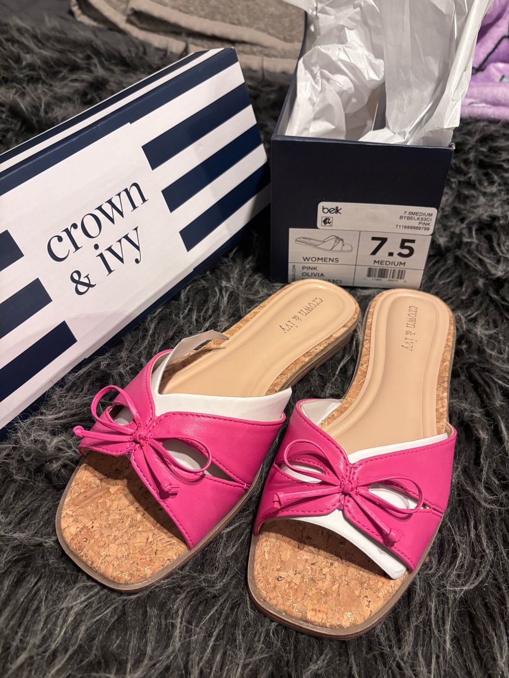 crown & ivy Pink and White Bow Slide Sandals
